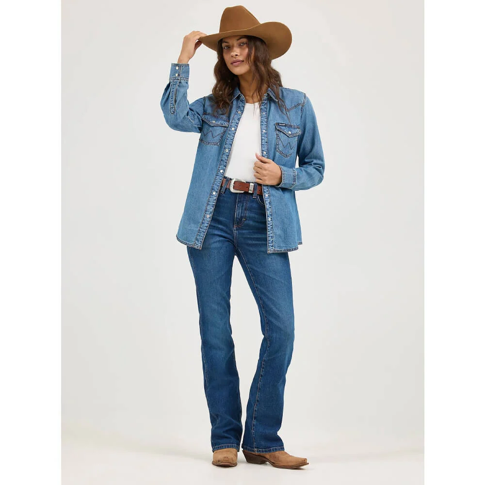 Wrangler Womens Western Denim Pearl Snap Shirt Mid Denim - 10LW7006D - Image 3